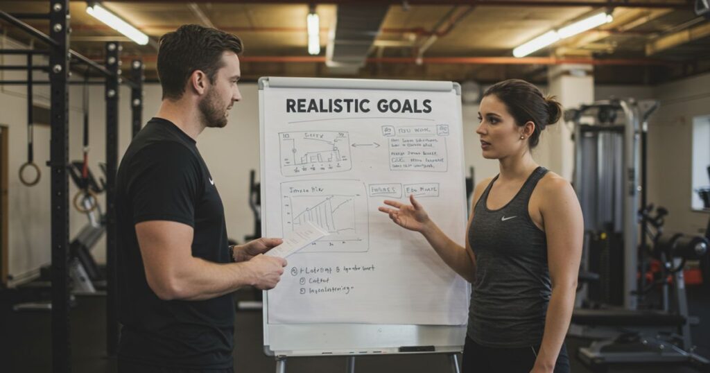 Trainer discussing realistic gym goals with a client during a session body fitness zone