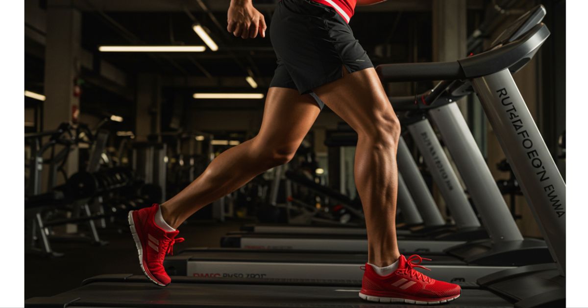 A man running on a treadmill showing the benefits of cardio like stamina, heart health,