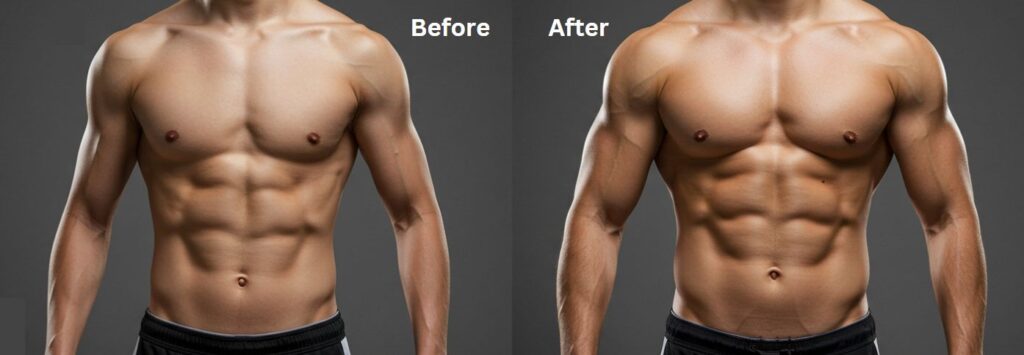 Before and after transformation showing narrow shoulders becoming wide shoulders