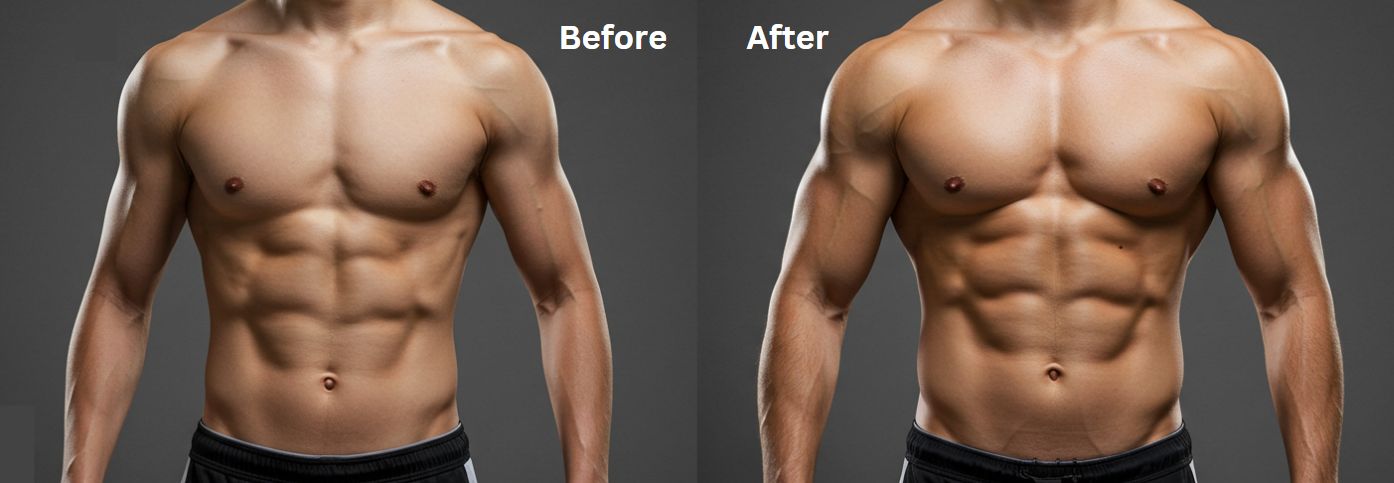 Before and after transformation showing narrow shoulders becoming wide shoulders
