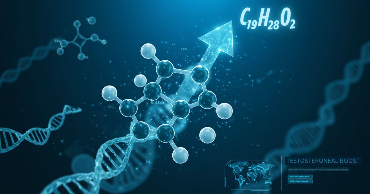 Testosterone molecule with arrow pointing upward, showing how exercise can increase testosterone levels naturally