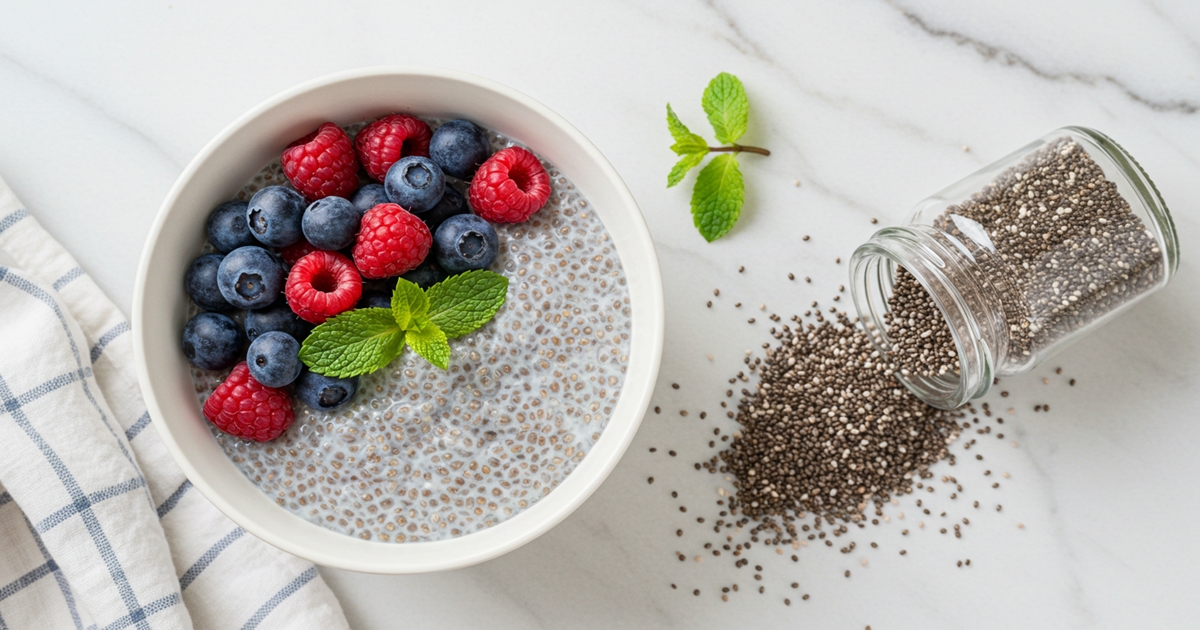 A bowl of chia seeds full of fiber and heart healthy fats