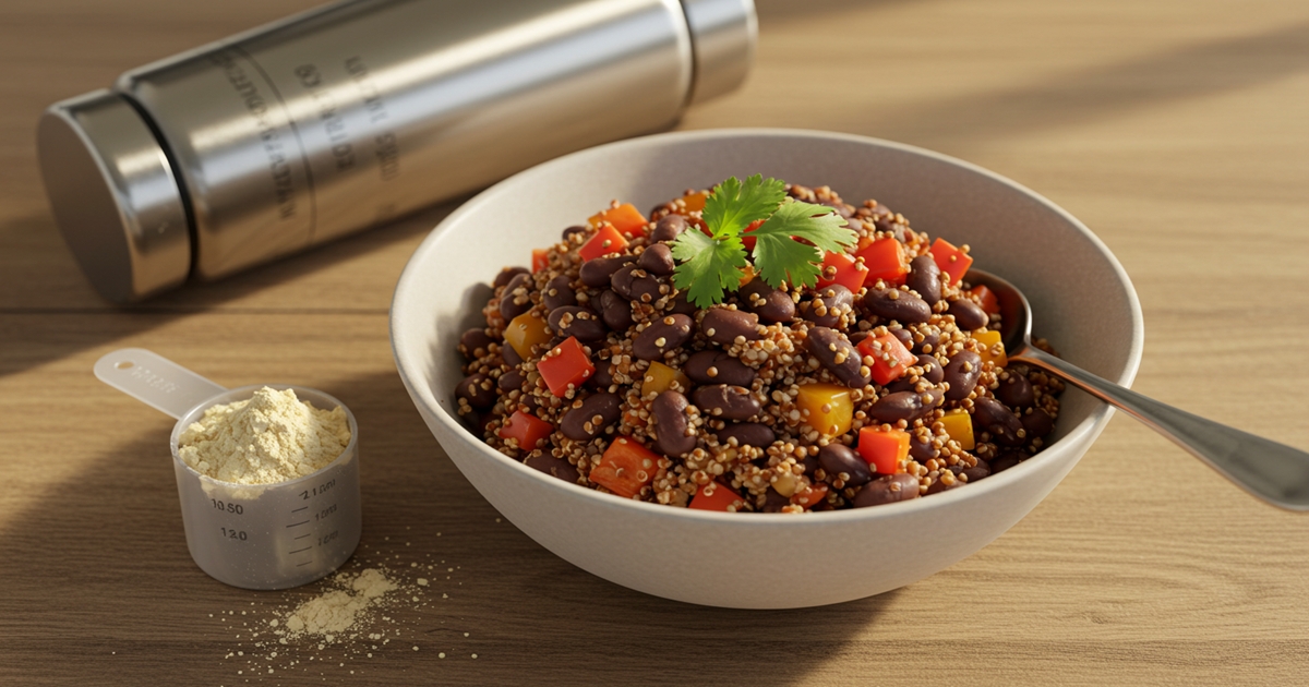 A bowl of cooked black and kidney beans on a wooden table