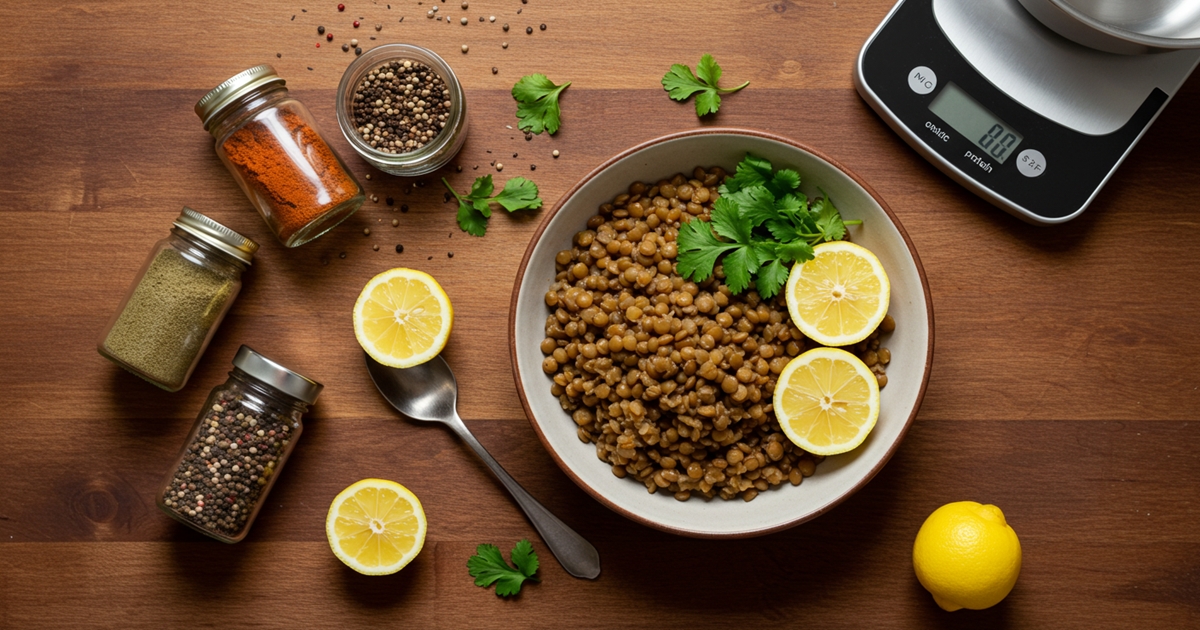 A bowl of cooked lentils, one of the healthy carbs to eat rich in protein and fiber