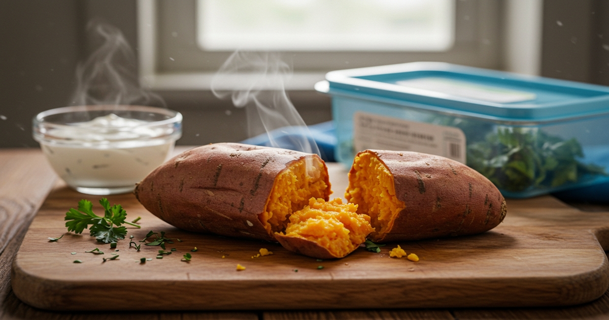 A cooked sweet potato, a healthy carbs to eat for slow-releasing energy and essential nutrients