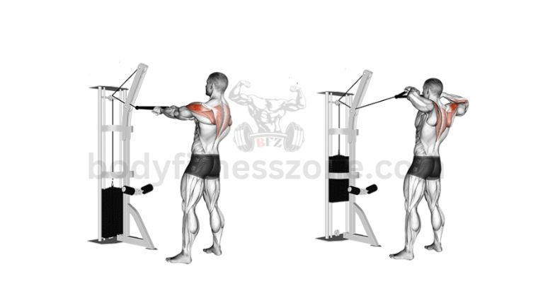 A man performing rear cable delt fly on a crossover machine, focusing on rear deltoids