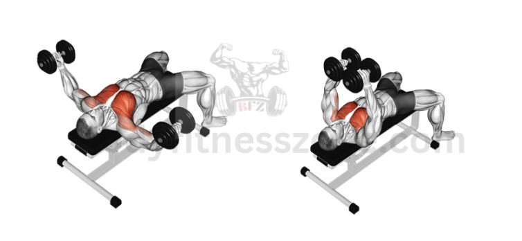 A man performing a dumbbell chest fly on a flat bench with arms extended wide