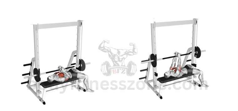A man performing a hex press using the Smith machine on a flat bench