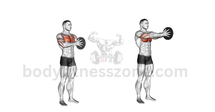 A man performing a svend press, squeezing a weight plate in front of his chest