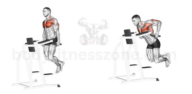 A man performing chest dips as part of his inner chest workout to build a deeper, well-defined chest line