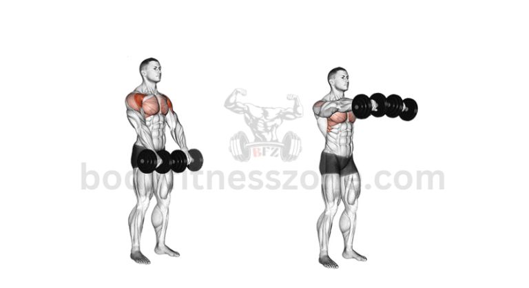 A man performing dumbbell front raises during his shoulder workouts