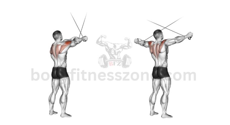 A man performing rear cable delt fly on a crossover machine, focusing on rear deltoids