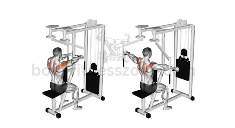 A man performing reverse pec deck fly on a machine with arms extended backward