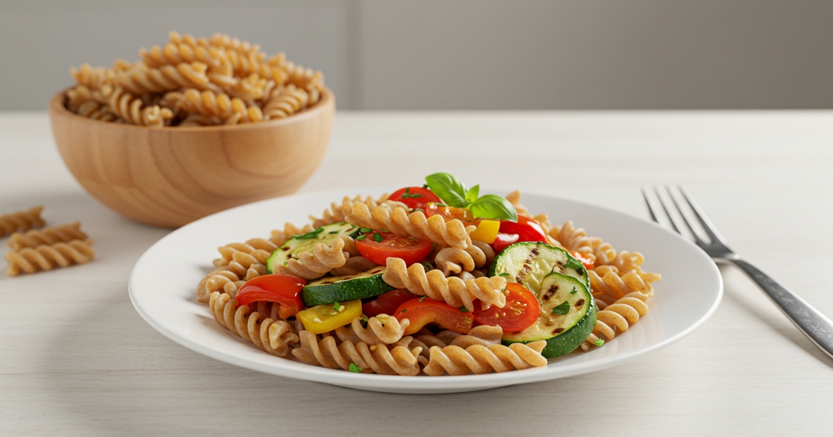 A plate of wheat pasta, a healthy carbs to eat for sustained energy and muscle recovery