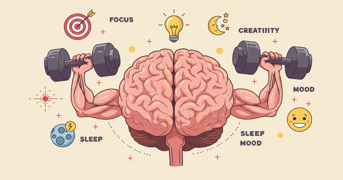 Cartoon brain lifting dumbbells showing how to increase productivity through better focus, mood, and sleep
