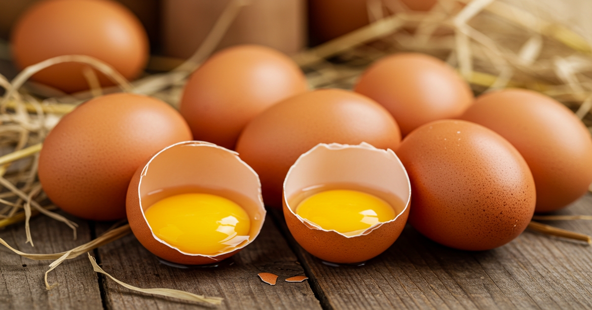 Close-up of fresh eggs on a rustic surface, highlighting eggs as a source of heart healthy fats