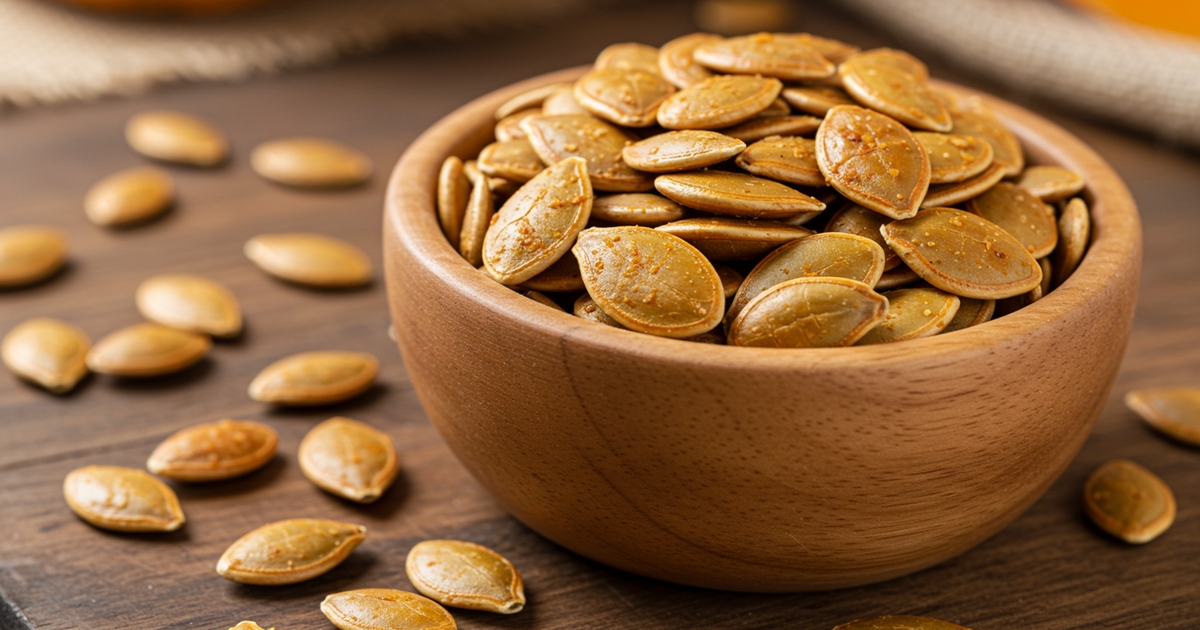 Close-up of roasted pumpkin seeds in a bowl