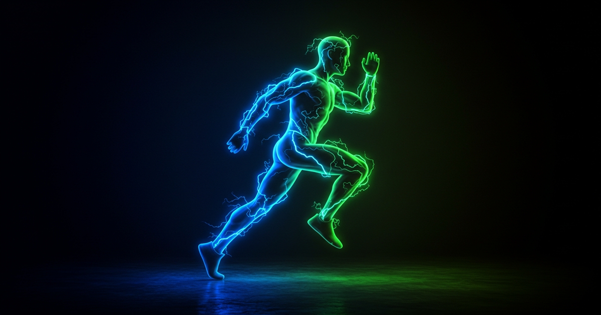 Electric neon silhouette of a man running fast, symbolizing energy and stamina gained through exercise
