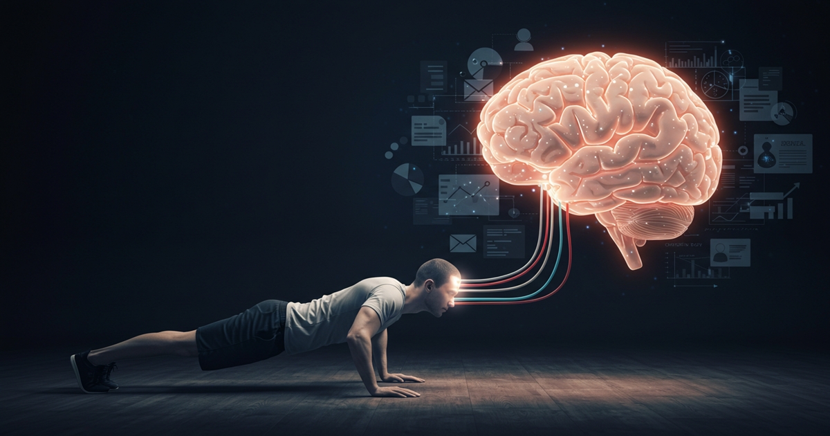 Electric silhouette of a man doing push-ups, showing how physical activity boosts brain function and energy