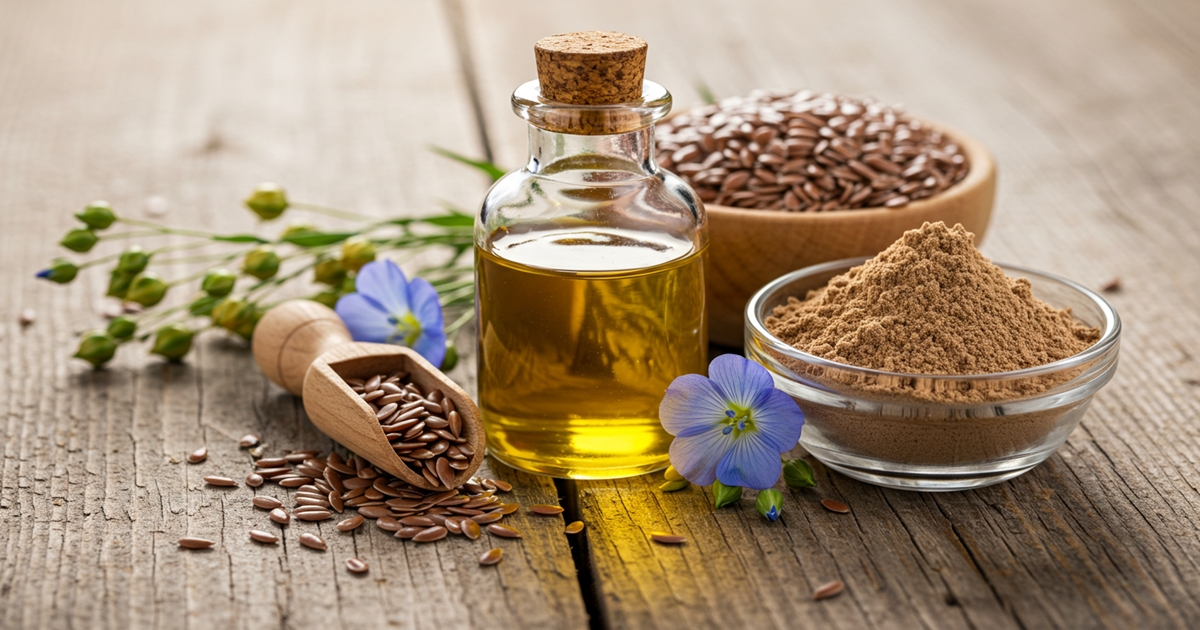 Flaxseeds scattered beside a small bowl of flaxseed oil on a wooden surface