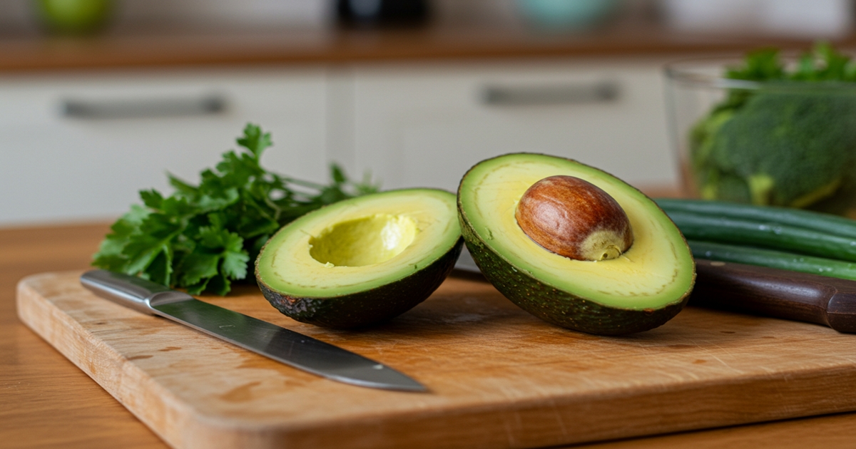 Fresh avocado halves showing creamy green flesh, a rich source of heart healthy fats