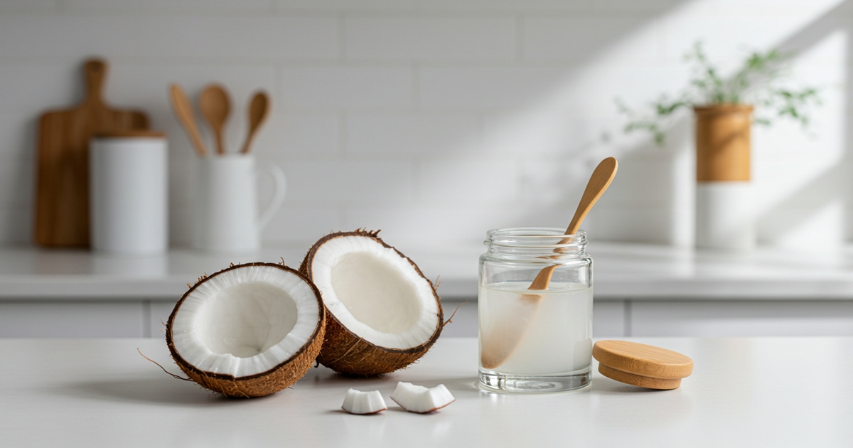 Fresh coconut halves with a glass jar of coconut oil placed on a rustic wooden table