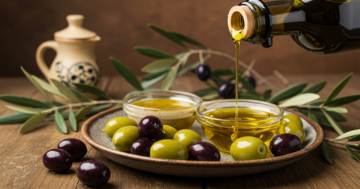 Fresh olives with a glass bottle of olive oil on a rustic wooden table