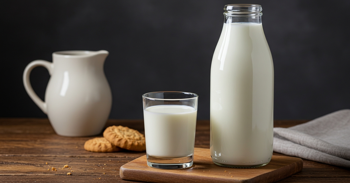 Glass of fresh milk on a wooden table