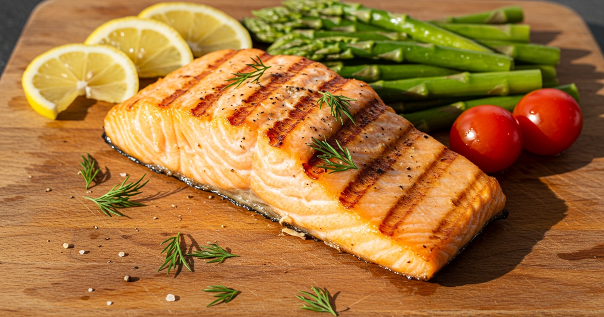 Grilled salmon rich in high quality protein and healthy fats