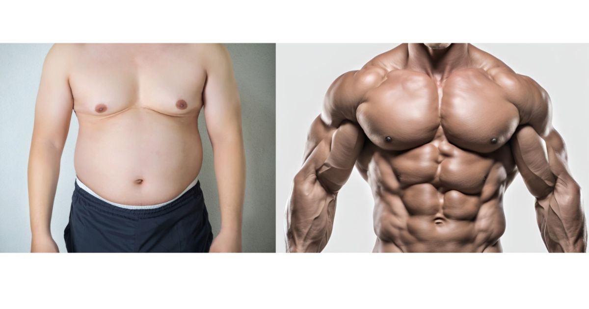 How to lose chest fat Before and after comparison showing a man with excess chest fat