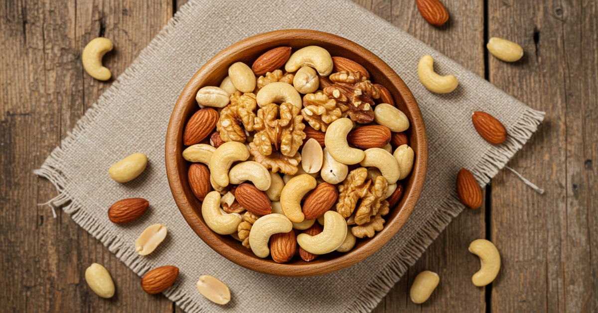 Mixed nuts including almonds, walnuts, cashews, and peanuts in a wooden bowl