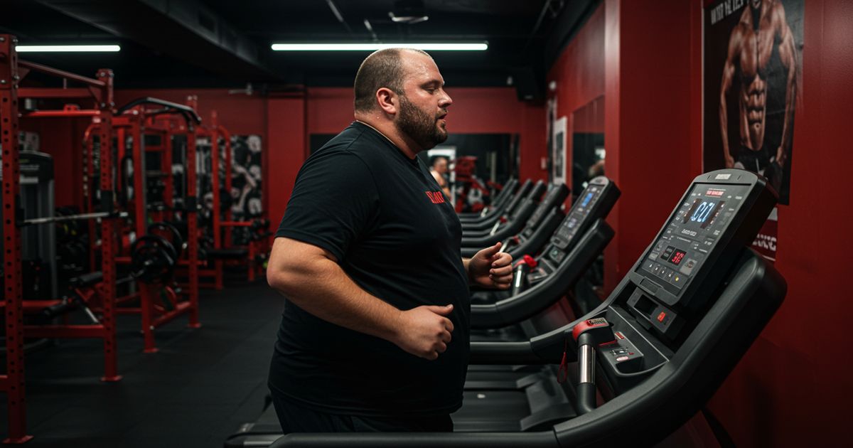 Obese man running on treadmill, combating sedentary lifestyle as per Sedentariness Definition.