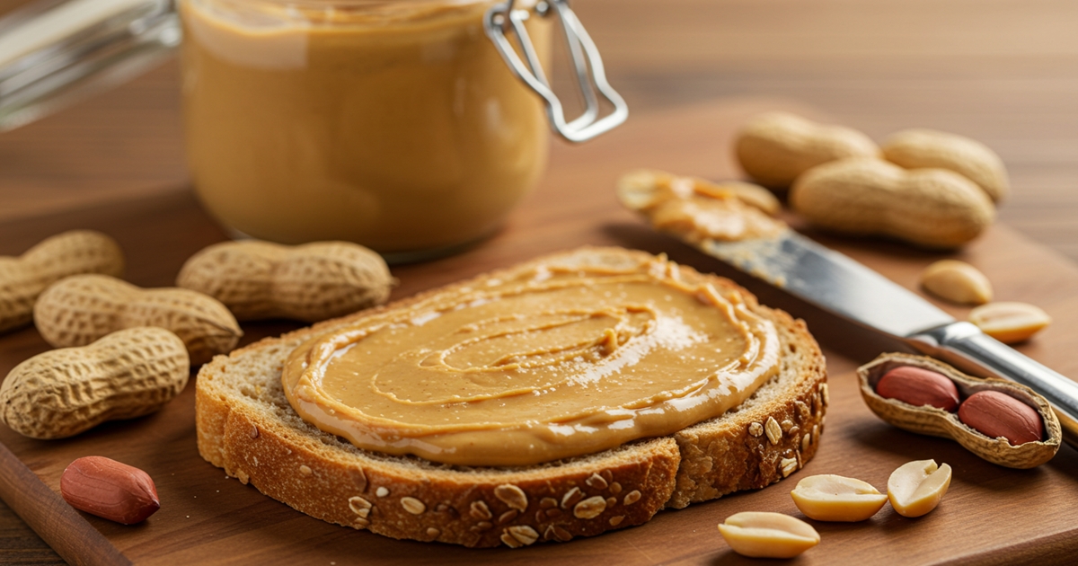 Peanut butter spread on whole grain bread with peanuts scattered around