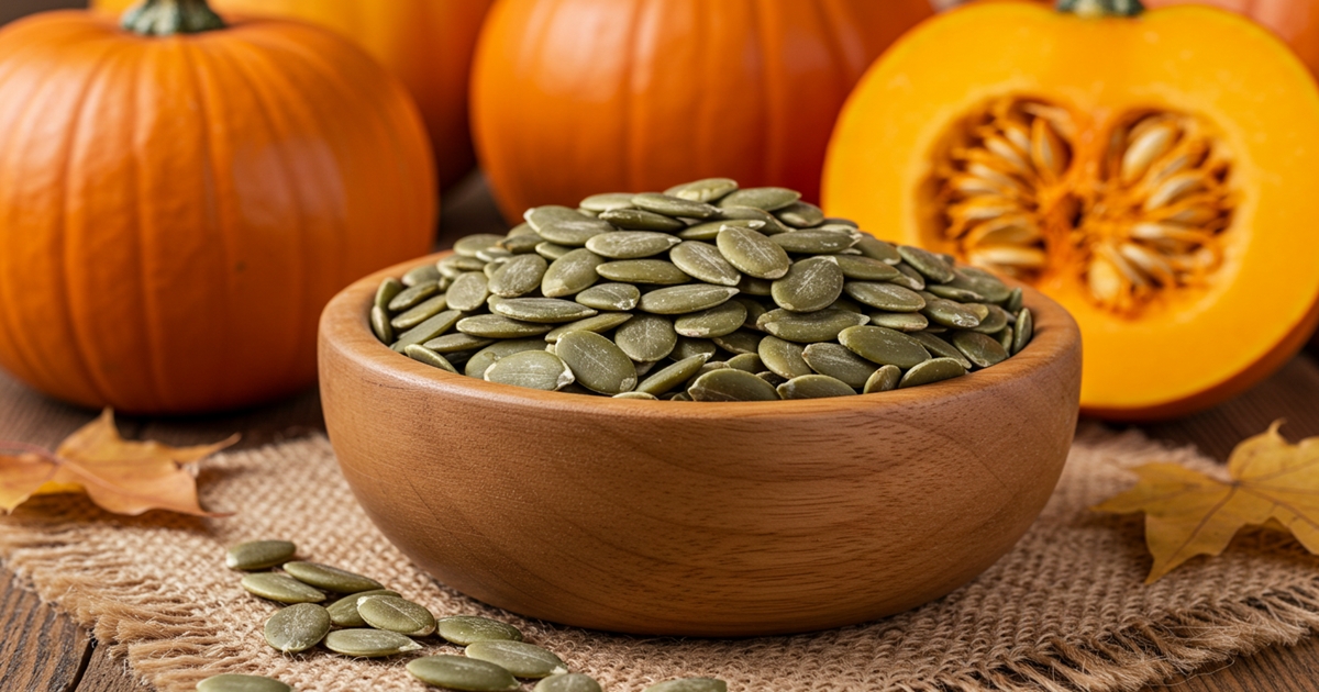 Pumpkin seeds rich in heart healthy fats on a wooden surface