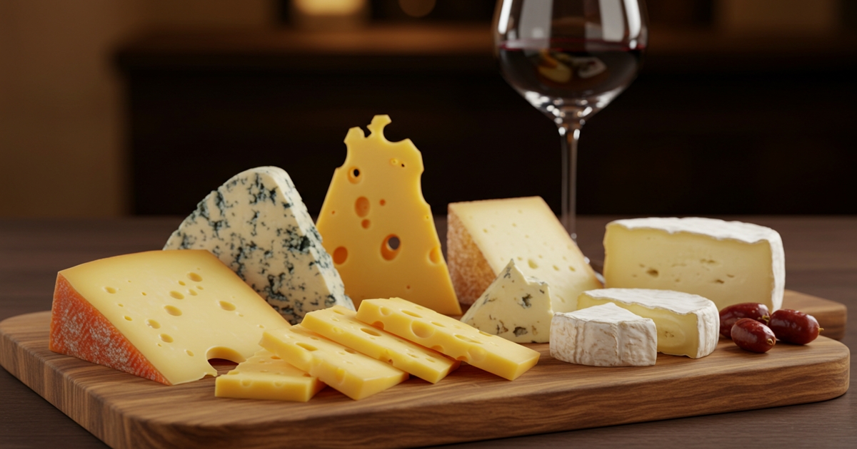Slices of cheddar cheese arranged on a wooden board with herbs