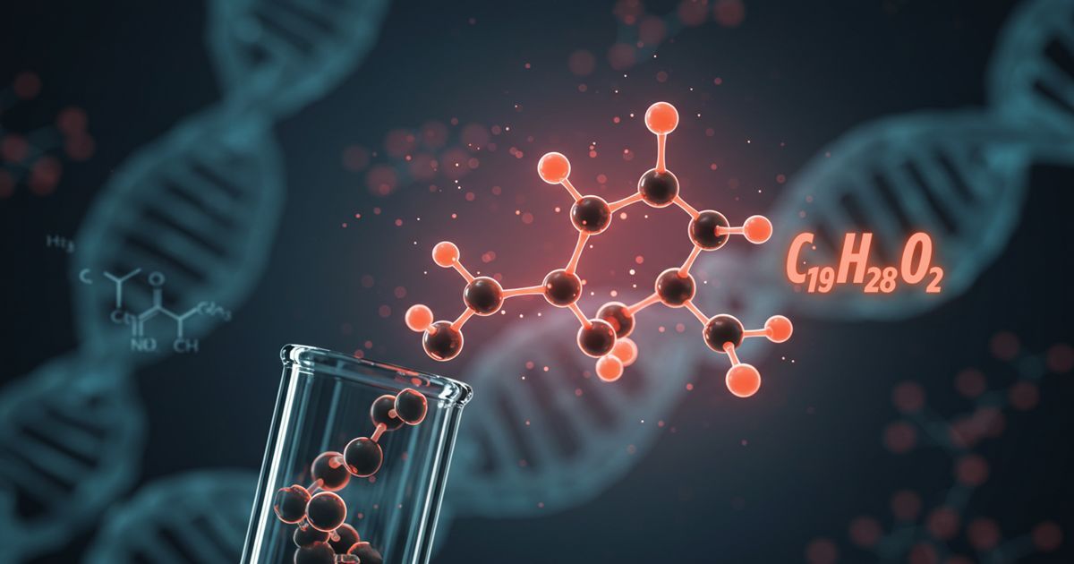 Testosterone molecule structure with C₁₉H₂₈O₂ emerging from a beaker, representing how exercise may increase testosterone production