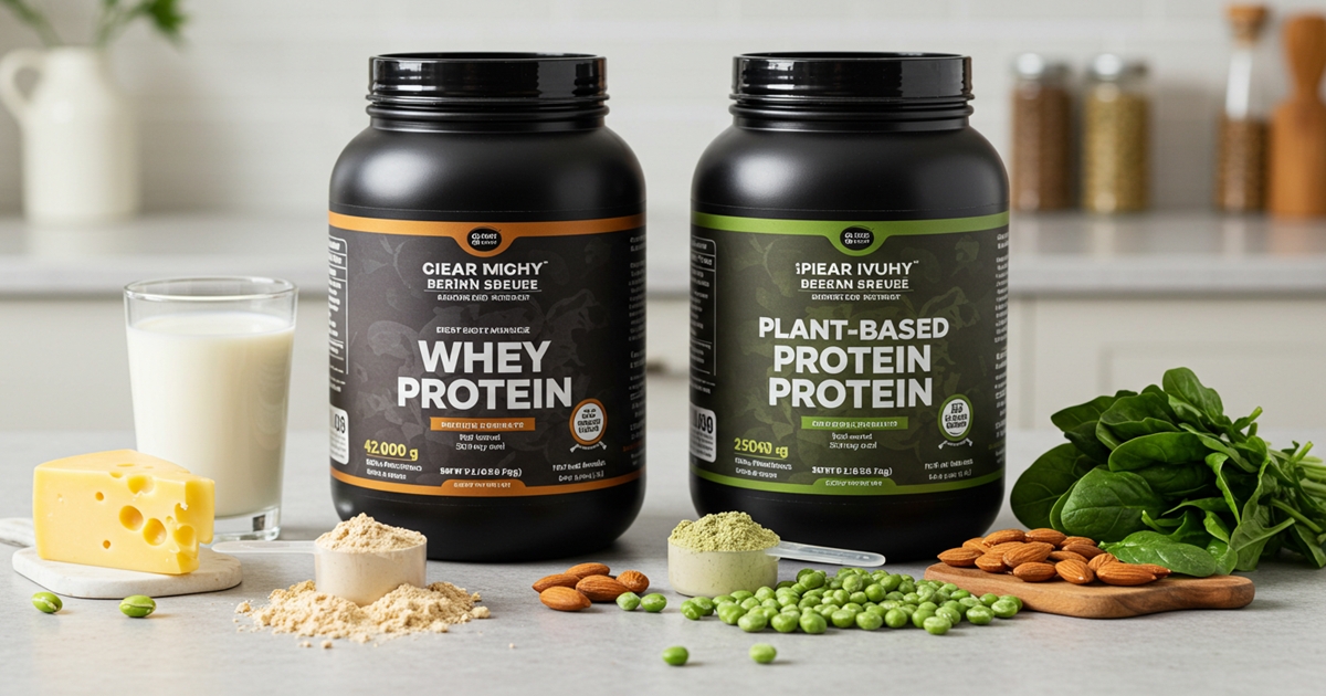 Two protein powder containers side by side, one whey protein and one plant-based protein