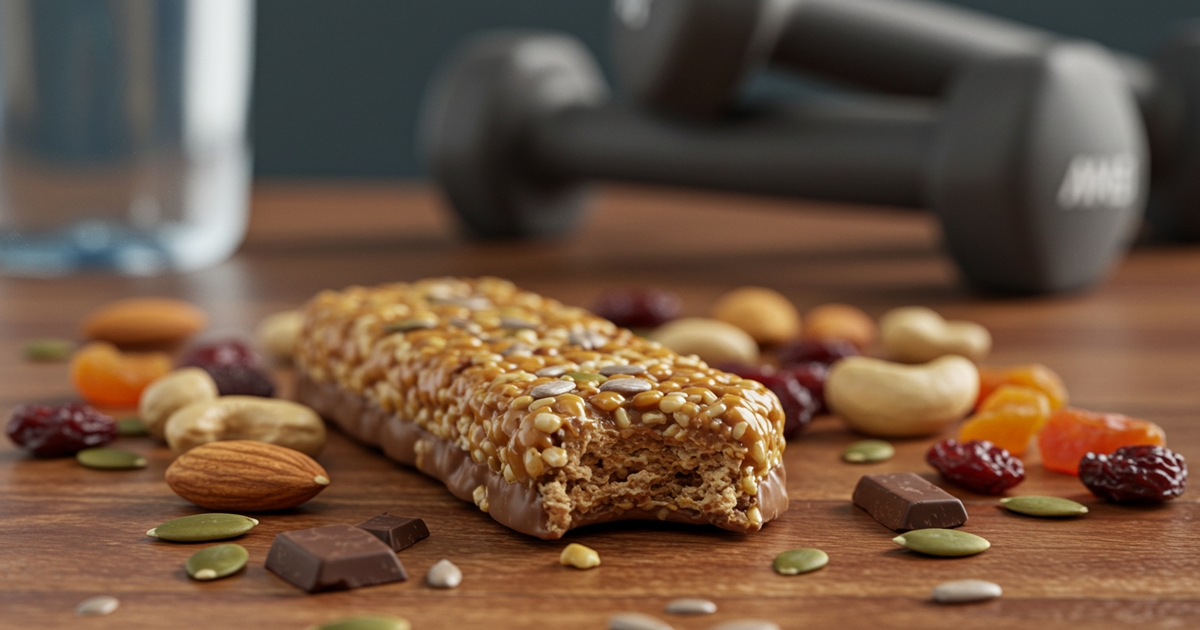Unwrapped protein bar showing texture and nuts