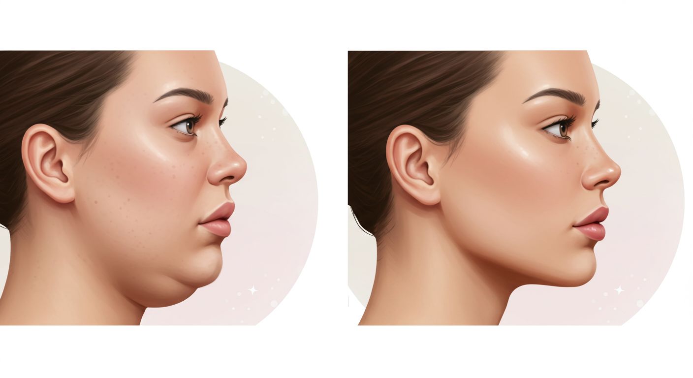 Before and after illustration of a woman showing how to lose face fat