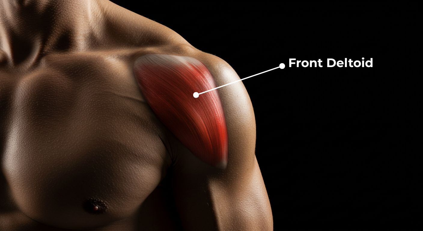 Close-up of a man’s front deltoid showing muscle definition – front delt exercises