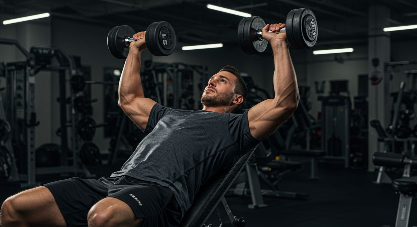 Man lifting dumbbells overhead in a shoulder press exercise
