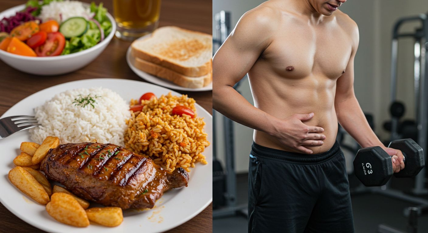 Split image showing a healthy meal and a man holding a dumbbell, illustrating how long should you wait to train after eating
