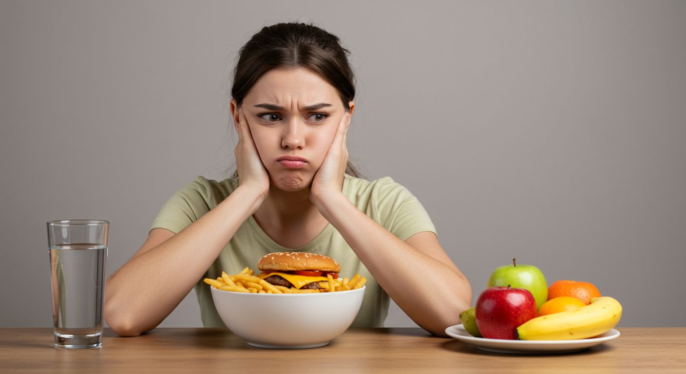 Woman Sitting in Front of Unhealthy and Collagen-Rich Foods